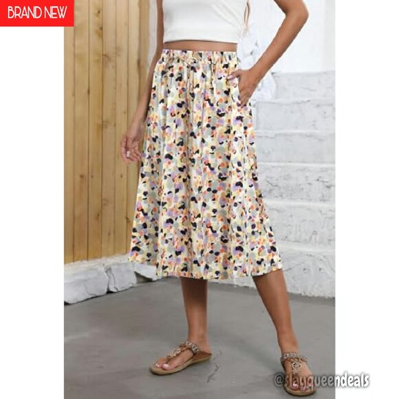 Flowy Midi Skirt with Pockets Elastic Waist A-Line Boho Style - Picture 3 of 8